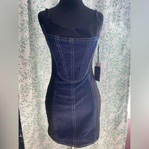 Forever 21 Dark Blue Denim & Black Panel Bodycon Mini Dress